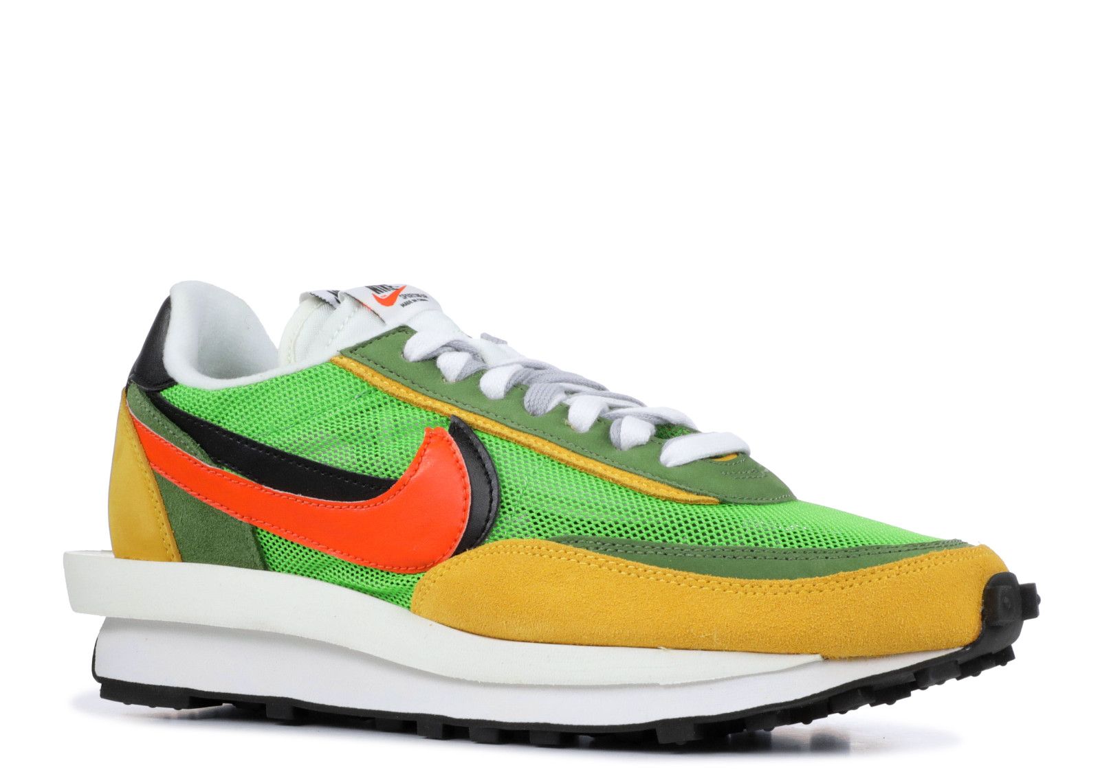 Nike Waffle Daybreak x Sacai, зеленый с желтым и оранжевым, текстиль, сетка, замша, мужские