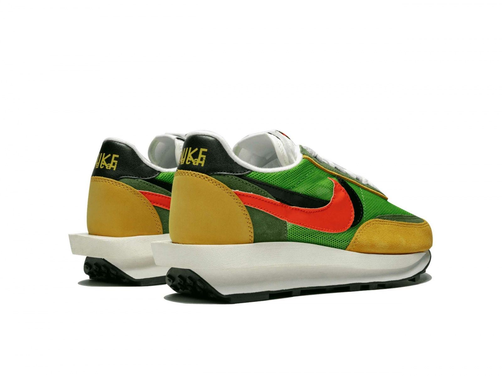 Nike Waffle Daybreak x Sacai, зеленый с желтым и оранжевым, текстиль, сетка, замша, мужские